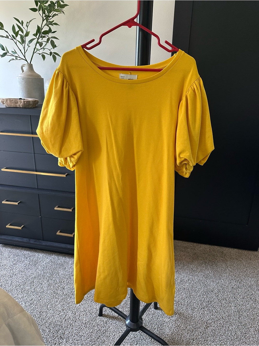 Anthropologie Mustard Yellow Puff-Sleeve Crewneck Dress